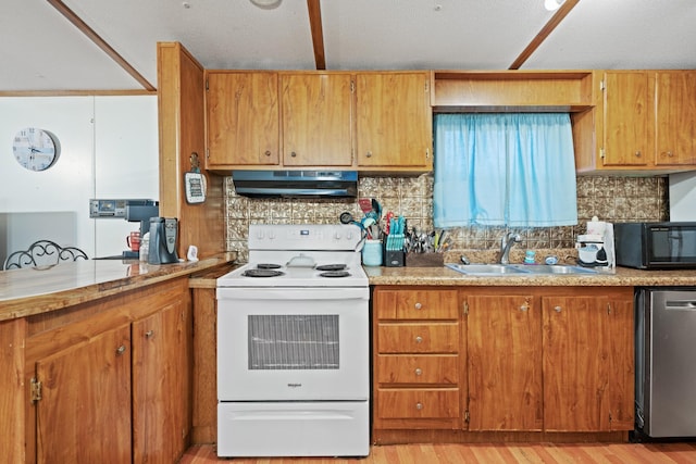 kitchen featuring tasteful backsplash, sink, electric stove, light hardwood / wood-style flooring, and dishwasher