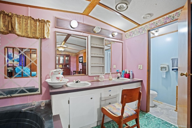 bathroom with tile patterned flooring, vanity, vaulted ceiling, and toilet