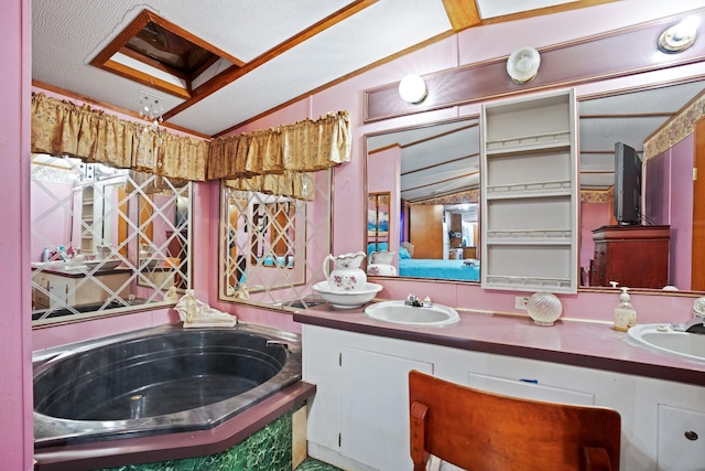 bathroom featuring vanity, a bath, and vaulted ceiling