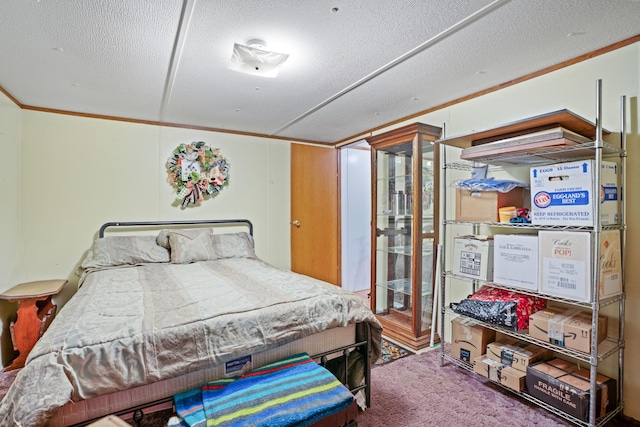 bedroom with carpet flooring, a textured ceiling, and crown molding