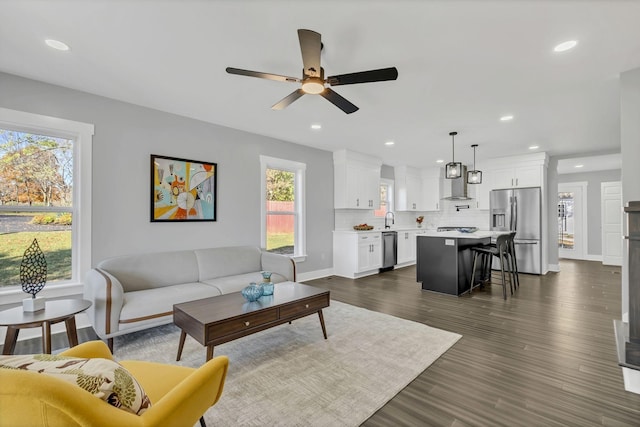 living room featuring dark hardwood / wood-style flooring, ceiling fan, and sink