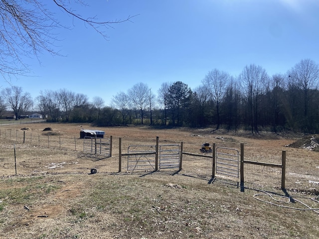 view of yard with a gate, a rural view, and fence