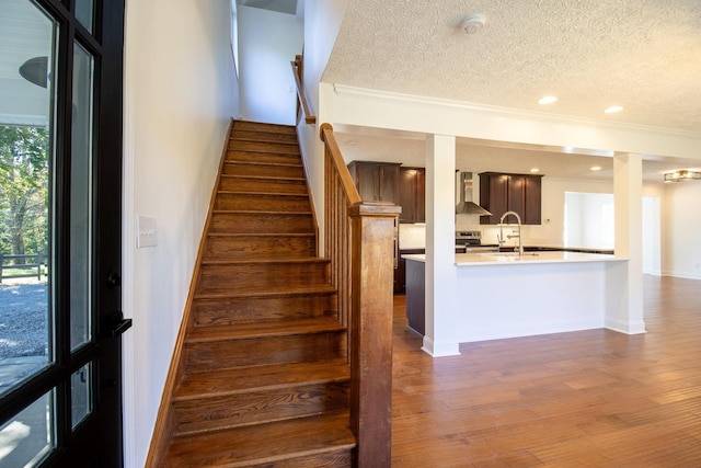 stairway with hardwood / wood-style flooring, sink, crown molding, and a textured ceiling