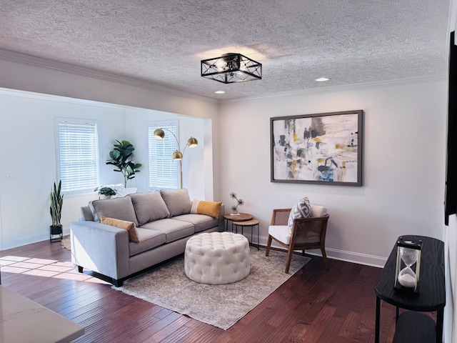 living room featuring crown molding, dark hardwood / wood-style flooring, and a textured ceiling