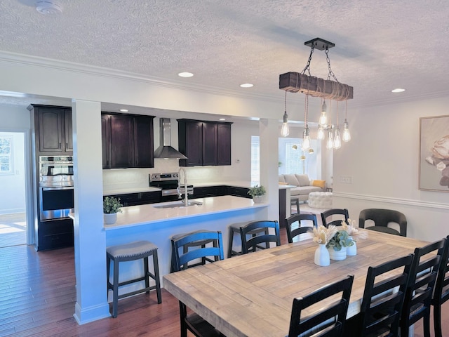 dining space with sink, dark hardwood / wood-style floors, a textured ceiling, and ornamental molding