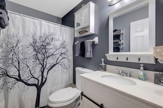 bathroom with vanity, a textured ceiling, and toilet