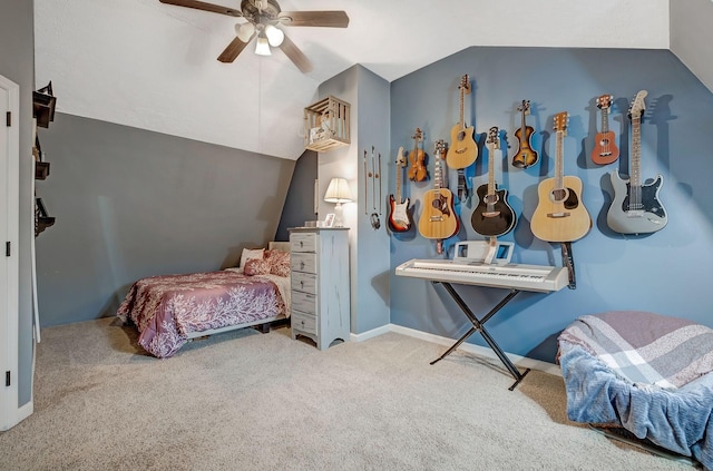 carpeted bedroom with ceiling fan and lofted ceiling