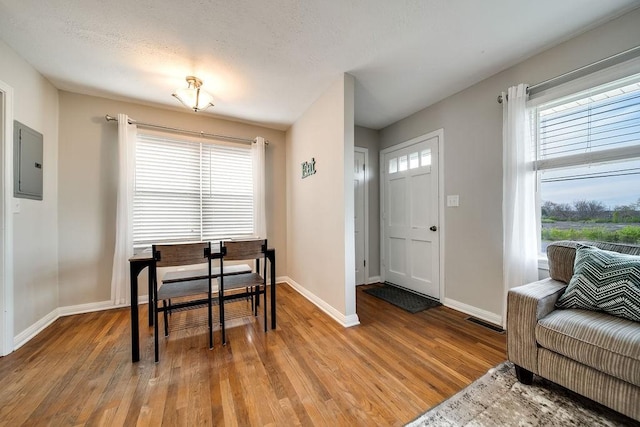 dining room with electric panel and light wood-type flooring