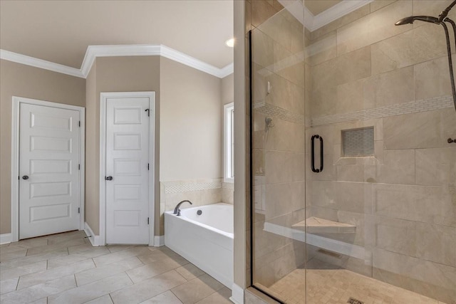 bathroom featuring tile patterned flooring, crown molding, and plus walk in shower