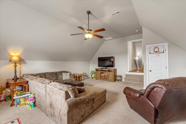 living room with ceiling fan, light colored carpet, and lofted ceiling