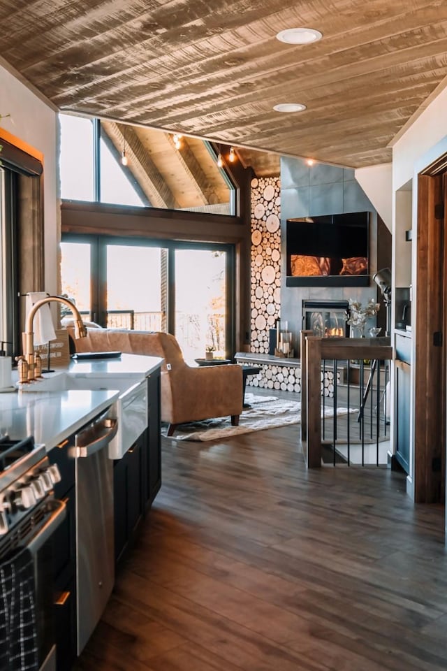 kitchen with dark wood-type flooring, plenty of natural light, wood ceiling, and lofted ceiling