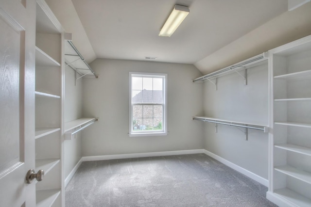 walk in closet featuring carpet and lofted ceiling