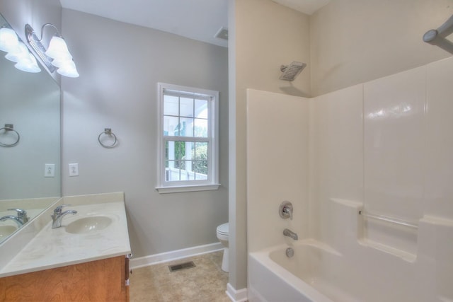 full bathroom featuring vanity, toilet, and tub / shower combination