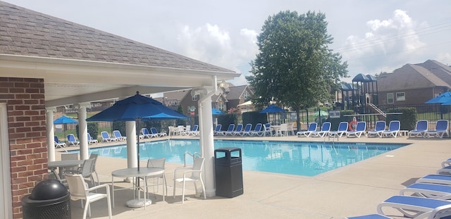 view of swimming pool with a patio area