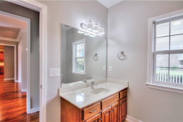 bathroom with vanity and hardwood / wood-style flooring