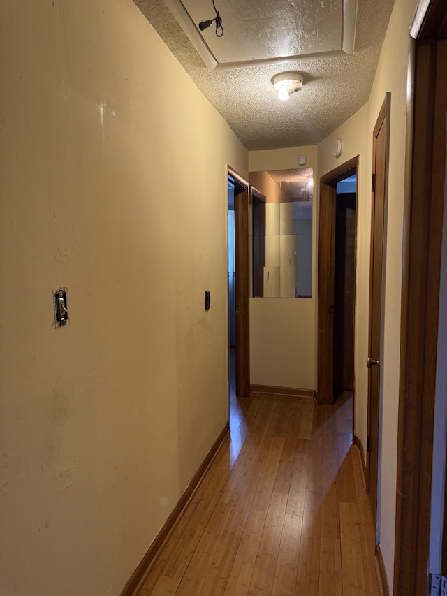 hallway with light wood-type flooring and a textured ceiling