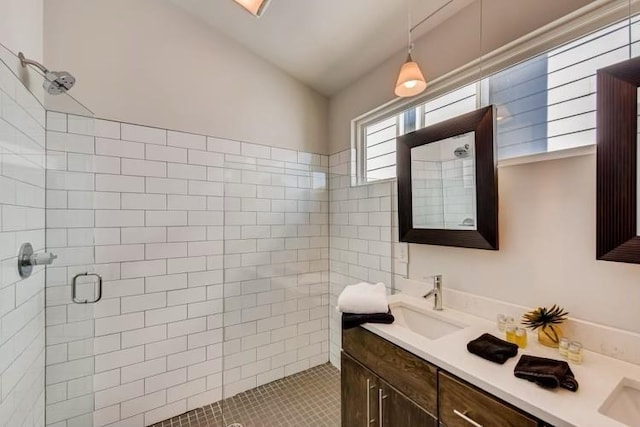 bathroom with vanity, tile patterned floors, and an enclosed shower