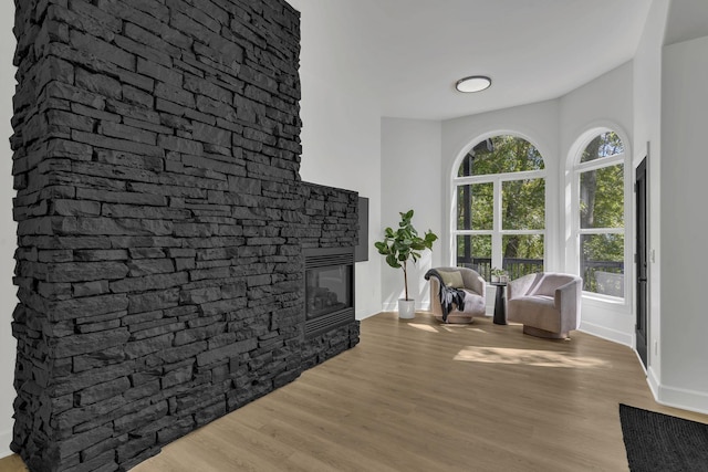 living room featuring wood-type flooring and a stone fireplace