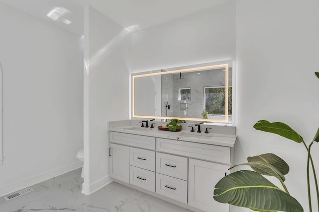 bathroom featuring vanity, toilet, and walk in shower