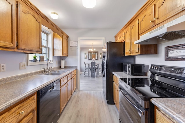 kitchen featuring light wood-type flooring, sink, an inviting chandelier, black dishwasher, and stainless steel range with electric cooktop