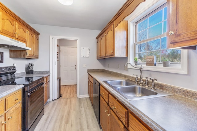 kitchen featuring stainless steel dishwasher, light hardwood / wood-style floors, black range with electric stovetop, and sink