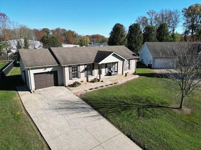 single story home with a front lawn, a porch, and a garage