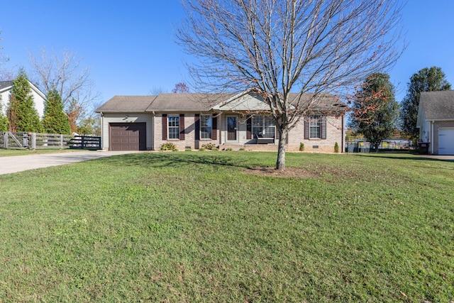 single story home with a garage and a front yard