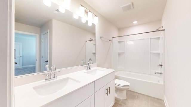 full bathroom with bathing tub / shower combination, tile patterned flooring, vanity, and toilet