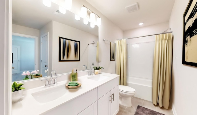 full bathroom with tile patterned flooring, vanity, toilet, and shower / tub combo with curtain