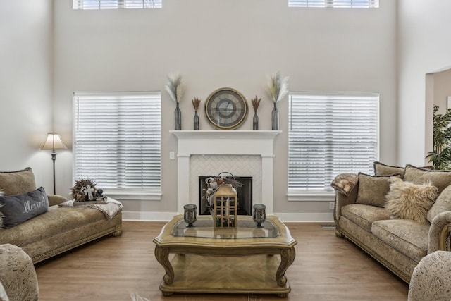 living room featuring a tile fireplace and light wood-type flooring