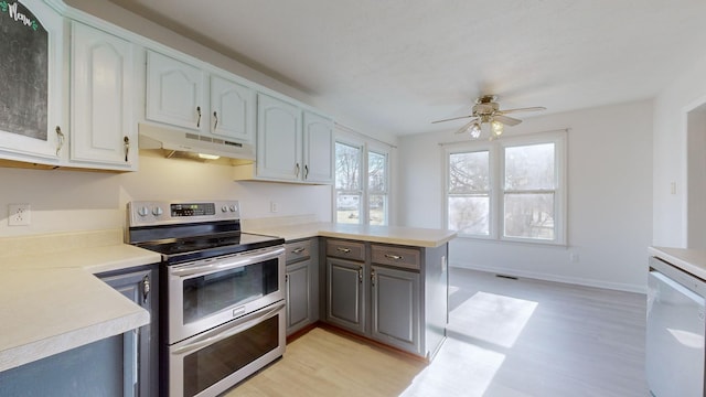 kitchen with stainless steel electric range oven, ceiling fan, kitchen peninsula, white dishwasher, and gray cabinets