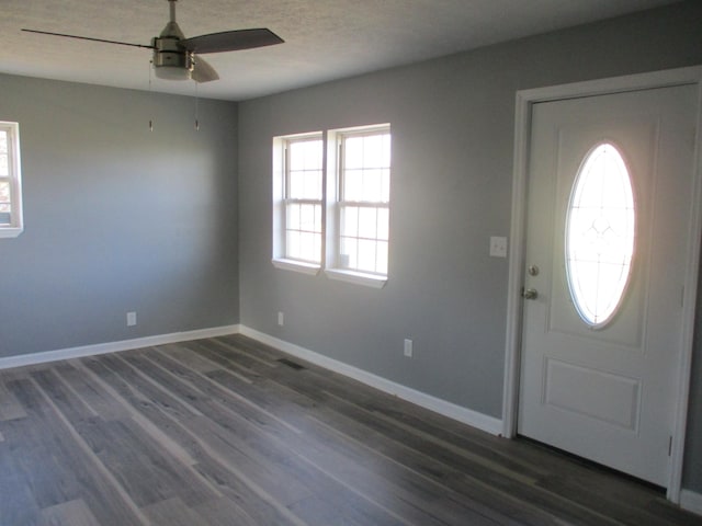 foyer featuring ceiling fan, dark hardwood / wood-style flooring, and a healthy amount of sunlight