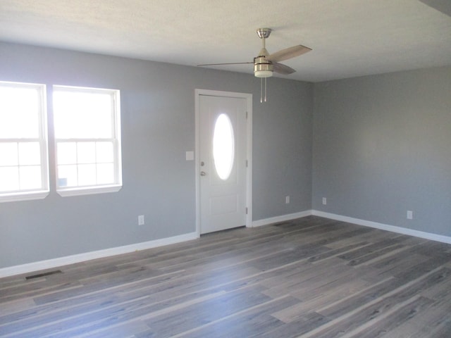 foyer featuring plenty of natural light, ceiling fan, and dark hardwood / wood-style flooring