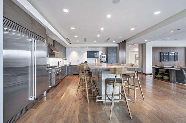 kitchen with tasteful backsplash, a breakfast bar, sink, high quality appliances, and hardwood / wood-style floors