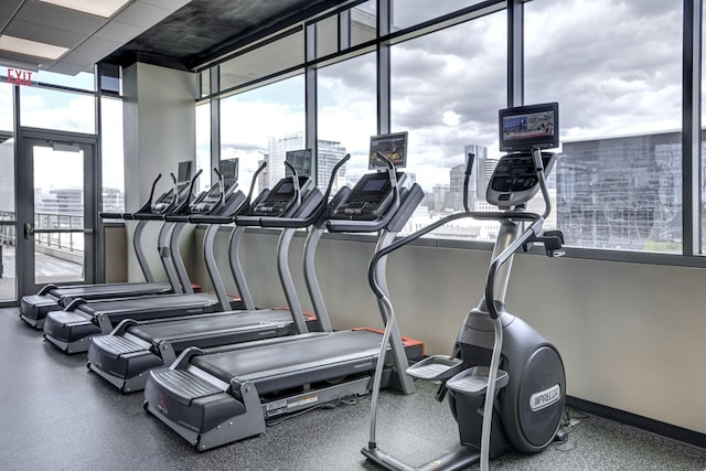 workout area featuring plenty of natural light and a drop ceiling