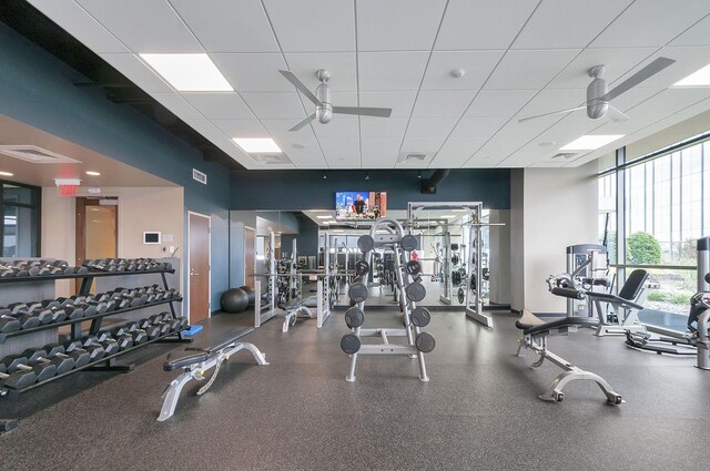 gym featuring ceiling fan and a drop ceiling