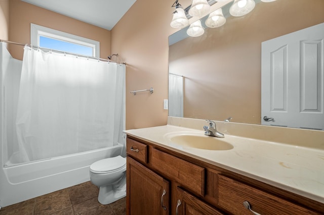 full bathroom with shower / bath combination with curtain, vanity, toilet, and tile patterned floors