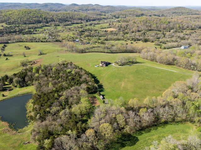 drone / aerial view with a water and mountain view and a rural view