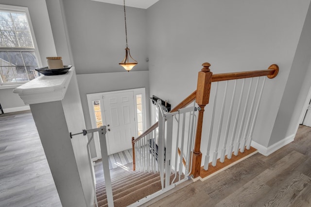 entrance foyer featuring hardwood / wood-style flooring and vaulted ceiling