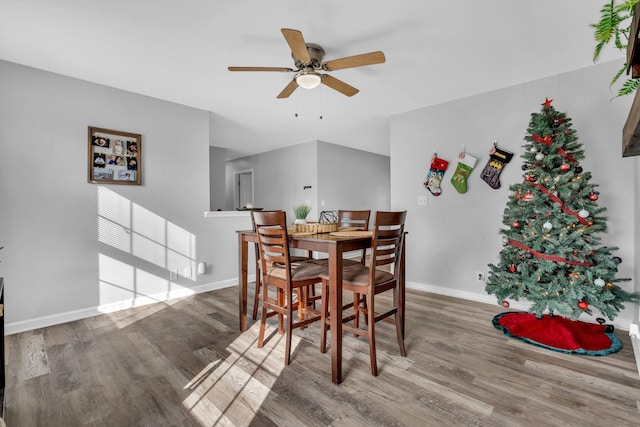 dining space with ceiling fan and wood-type flooring