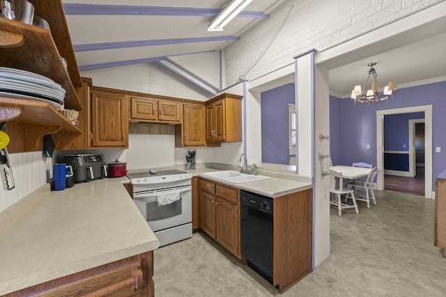 kitchen featuring pendant lighting, dishwasher, sink, white range oven, and a chandelier