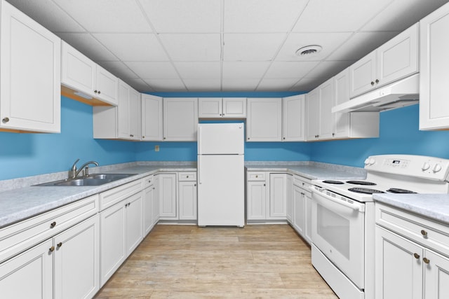 kitchen with a paneled ceiling, white appliances, sink, light hardwood / wood-style floors, and white cabinetry