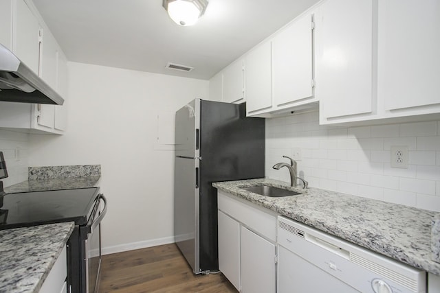 kitchen with white dishwasher, dark wood-type flooring, sink, electric range, and white cabinetry