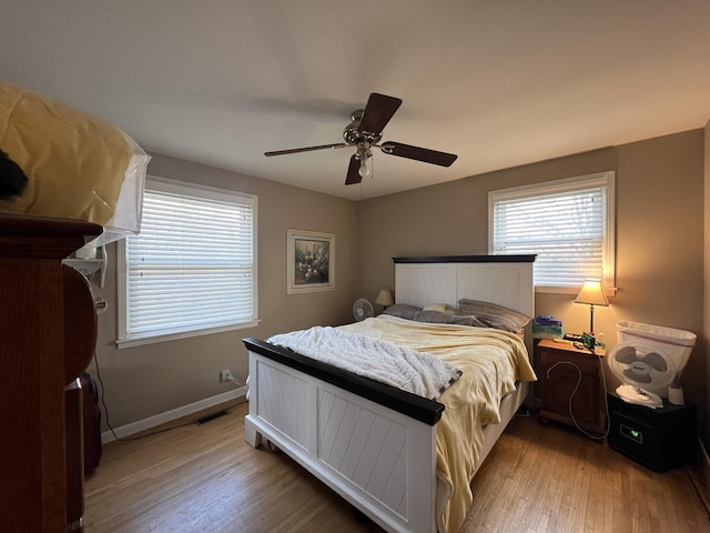 bedroom featuring light wood-type flooring and ceiling fan