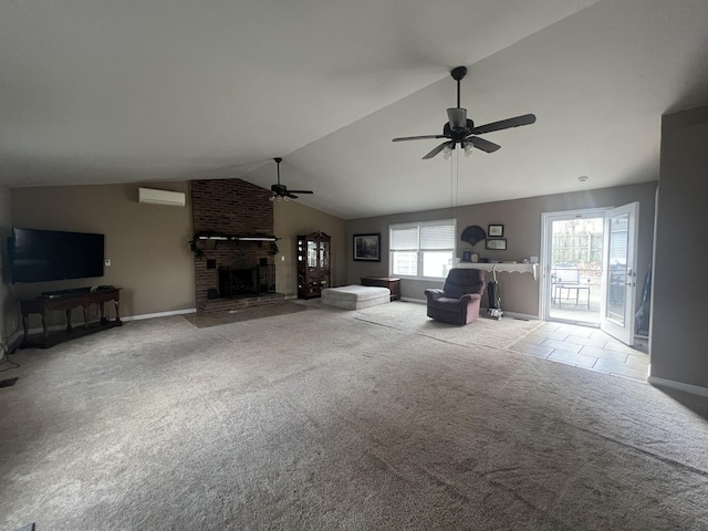 unfurnished living room with light carpet, a brick fireplace, vaulted ceiling, ceiling fan, and a wall unit AC