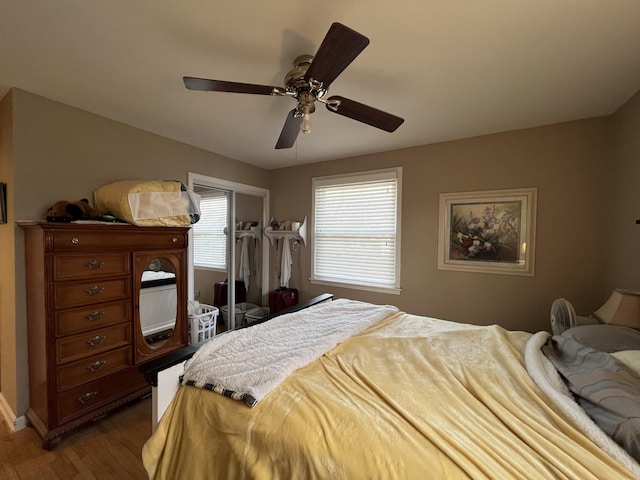 bedroom with multiple windows, hardwood / wood-style floors, and ceiling fan