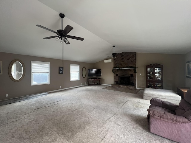 unfurnished living room featuring ceiling fan, carpet floors, vaulted ceiling, and a brick fireplace