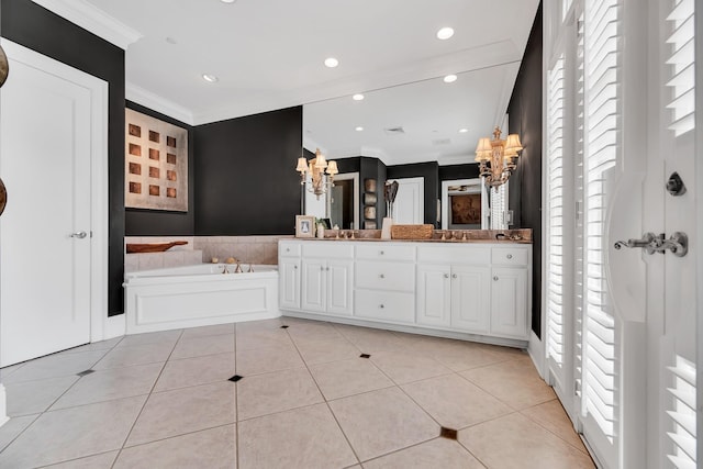 bathroom featuring a healthy amount of sunlight, vanity, tile patterned floors, and crown molding