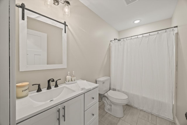 full bathroom featuring shower / bathtub combination with curtain, tile patterned flooring, vanity, and toilet