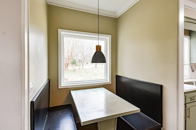 dining room with crown molding and sink